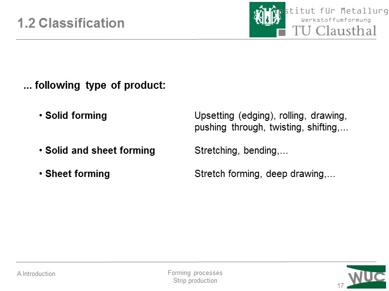 17 Vorlesungsübersicht 1.2 Classification ... following type of product:  Solid forming  